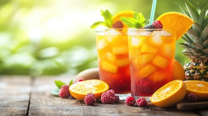 Fototapeta premium Refreshing iced tea drinks garnished with fruit