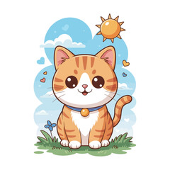 Adorable Cartoon Ginger Cat with Stripes in a Sunny Landscape, Cute Cartoon Kitten with a Collar Sitting in the Grass on a Bright Day