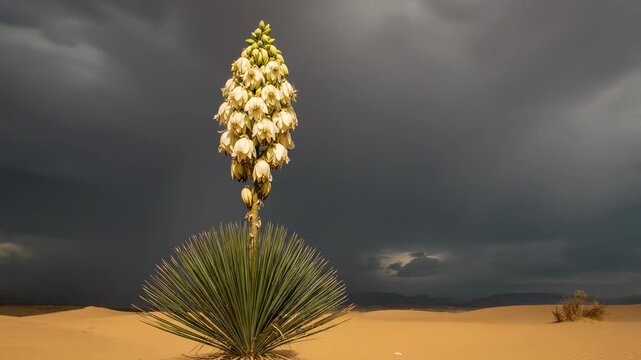 flor de izote - A striking desert scene featuring a tall flowering plant against a dramatic stormy sky, capturing the beauty of nature in a remote landscape