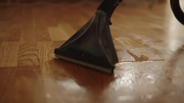 Process removing water with washing vacuum cleaner from parquet floor after flood, ensuring hygiene and preventing damage, close-up. Concept of hygiene and cleanliness in domestic environment.