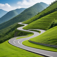 Curvy mountain road with greenery isolated, cut out