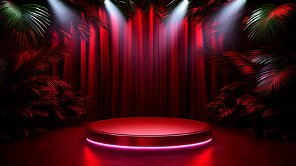 Obraz premium Red circular podium with spotlight, surrounded by red curtains and tropical plants.