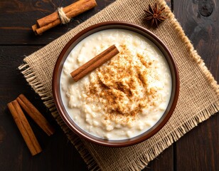 Traditional Arroz con Leche with Cinnamon on Rustic Table