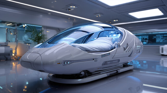 A high-tech sleeping pod in a futuristic, clean and minimalist interior with a person inside
