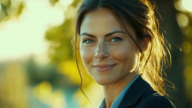 Professional looking woman in business attire smiling towards the camera, suggesting she is approachable and friendly.