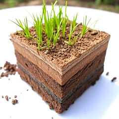 Photo of a cross-section showing different layers in soil with grass and dirt on a white background, close-up view, in natural light