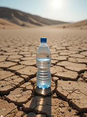 A Single Plastic Bottle of Water Sits on Cracked Desert Earth Under a Bright Sun