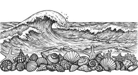 High wave and many seashells on the shore – hand drawn vintage ink sketch doodle black and white vector illustration, engraving, woodcut