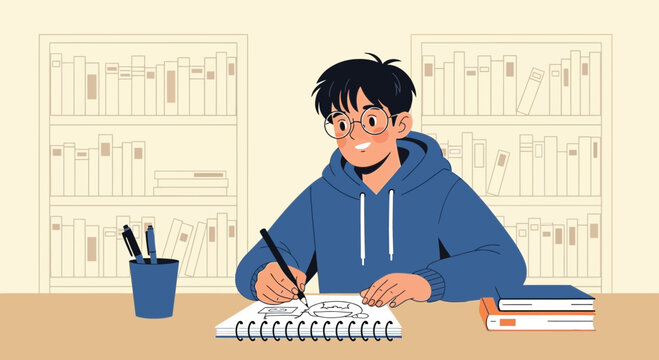 Focused Student Creating Detailed Illustrations In Bright And Comfortable Home Environment