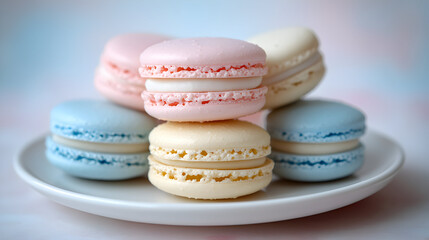 Obraz premium Six pastel-colored macarons stacked on a small white plate.