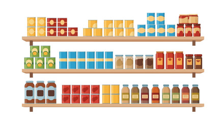 Full Shelves In A Grocery Store With Products Cans And Jars