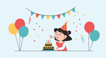 Girl Blowing Candles On Birthday Cake With Balloons And Party Decorations