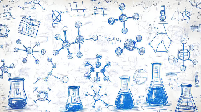 Sketch of various chemical formulas and beakers with blue liquid.