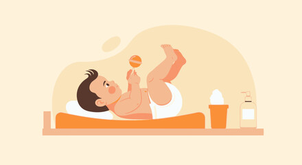 Obraz premium Happy Infant Lying Down Holding A Rattle With Diaper And Body Care Products