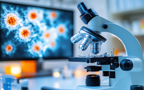 Close-up of a microscope with a blurred image of cells in the background, suggesting research. - Powered by Adobe
