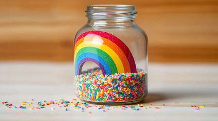 A bottle filled with sand containing a colorful rainbow, great for use in decorative designs and illustrations