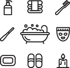 Simple Line Art Icons Representing Spa and Bathroom Essentials.