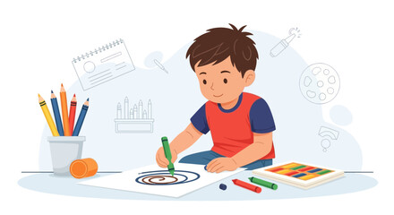 Little Boy Enjoys Drawing with Colored Pencils Creating Artwork on Paper