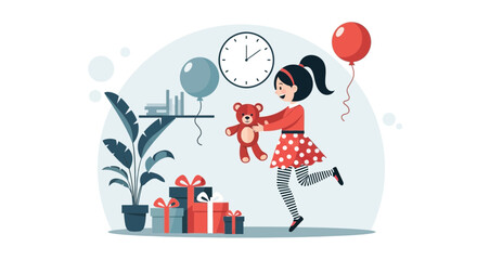 Girl With Teddy Celebrating Special Time With Gift Balloons And Happiness