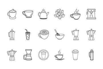 Collection line art icons for coffee tea beverages beans
