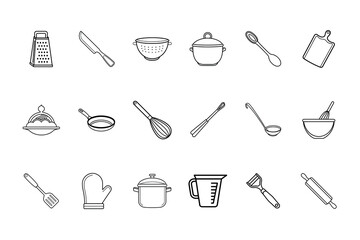 Collection line art kitchen utensils cookware grater knife