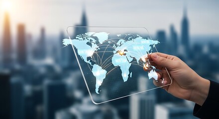Global Network Visualization: Hand Holding Transparent Tablet Displaying Interconnected World Map with City Skylines