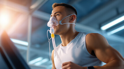 A man runs on a treadmill with a respiratory mask, undergoing a fitness or health assessment.