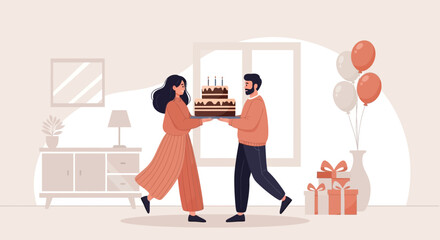 Loving Couple Celebrating a Birthday Together with Cake and Gifts at Home