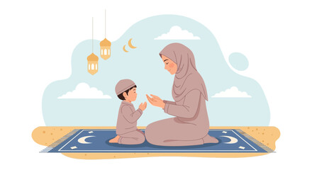 Loving Muslim Mother Teaches Her Son About Faith And Islamic Prayer
