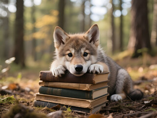 Young wolf cub gently leaning on stack of aged books in forest with warm sunlight and moss-covered ground in magical woodland setting