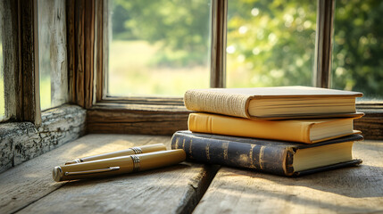 Three books stacked on a wooden windowsill, with a bundle of dried plant material nearby.