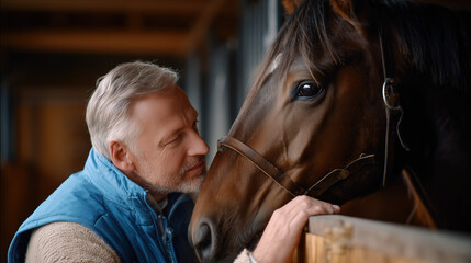 A senior man tenderly touches a horse in a stable, sharing a moment of connection.