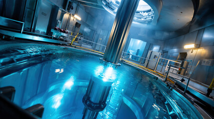 A view inside a nuclear reactor, highlighting the core and the blue water's glow.