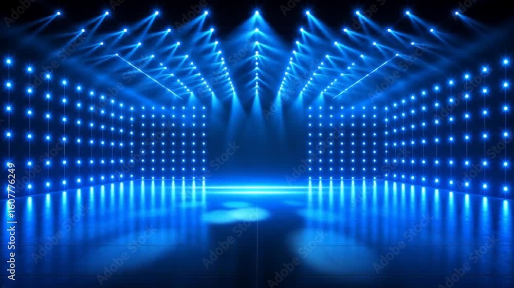 Poster illuminated blue stage with array of spotlights and geometric wall panels creates a modern futuristi