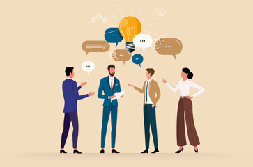 Group of people in business suits discussing an idea or talking to each other with text bubbles and lamp above their heads. Vector concept of business conversation in cartoon style.