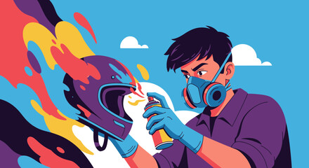 Man Customizing Motorcycle Helmet With Spray Paint Creating Unique Design
