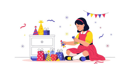 Fototapeta premium Happy Birthday Little Girl With Gifts Celebrates Birthday Party Event