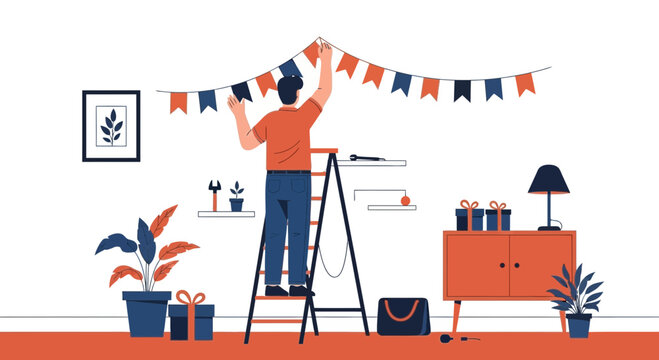 Man Decorating Room For Celebration Event By Hanging Pennant Banners