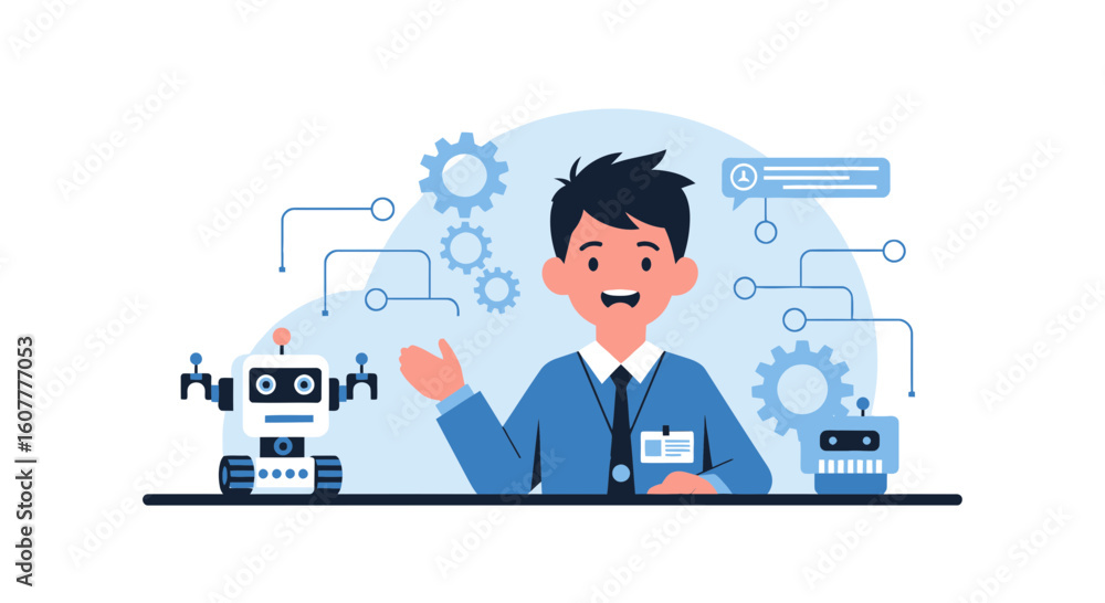 Poster man demonstrates technological advancements in robotics and artificial intelligence
