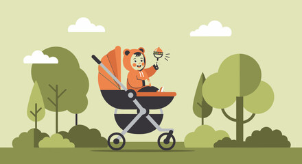 Joyful Baby In A Stroller Enjoying A Sunny Day At The Park