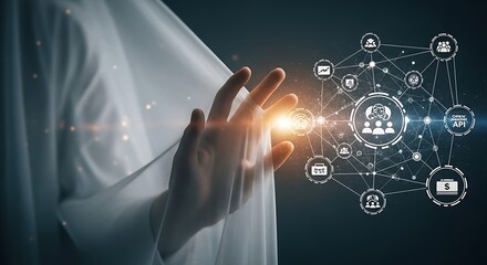 Hand Unfolding Veil, Revealing Digital Network of Connections