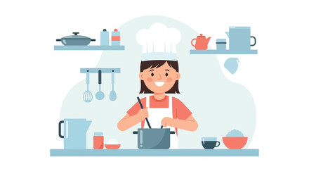 Fototapeta premium Happy Chef Girl Cooking Food Illustration in Kitchen Minimalist and Clean Style