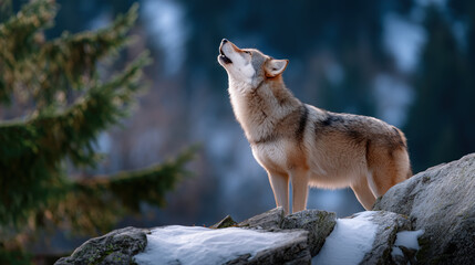 Fototapeta premium A lone wolf stands tall on a rock and lets out a howl in the cold.
