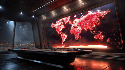 A futuristic control room displays a red world map indicating a global crisis, perfect for tech and security themes.
