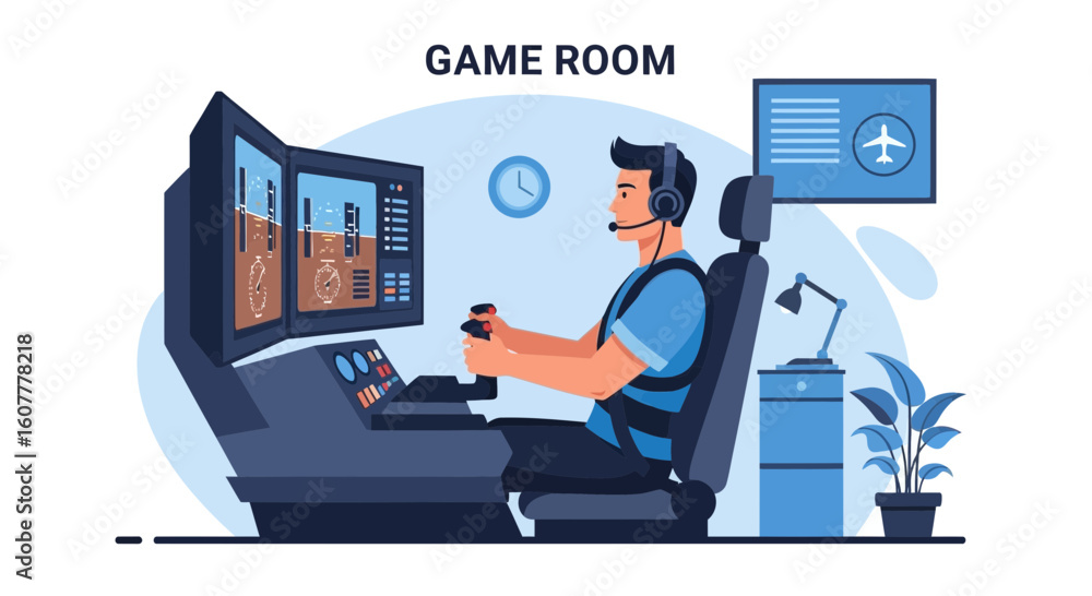 Poster man immersed in virtual flight simulation experience from home environment