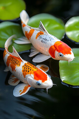 Two Koi fish swimming in a pond with lily pads.