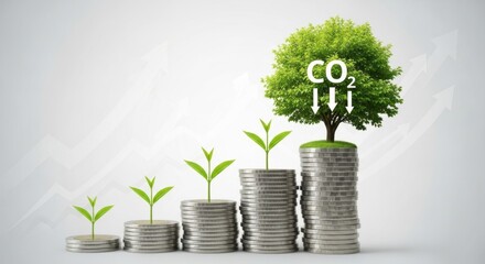 A tree grows from stacks of coins symbolizing financial growth and co2 reduction