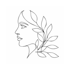 Elegant profile face with botanical elements line art