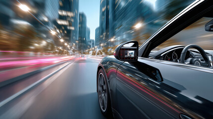 Fototapeta premium Dynamic shot of a car speeding through a vibrant city at night, creating a sense of speed.