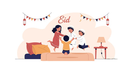 Joyful Eid Celebration With Cheerful Children Jumping Together Indoors